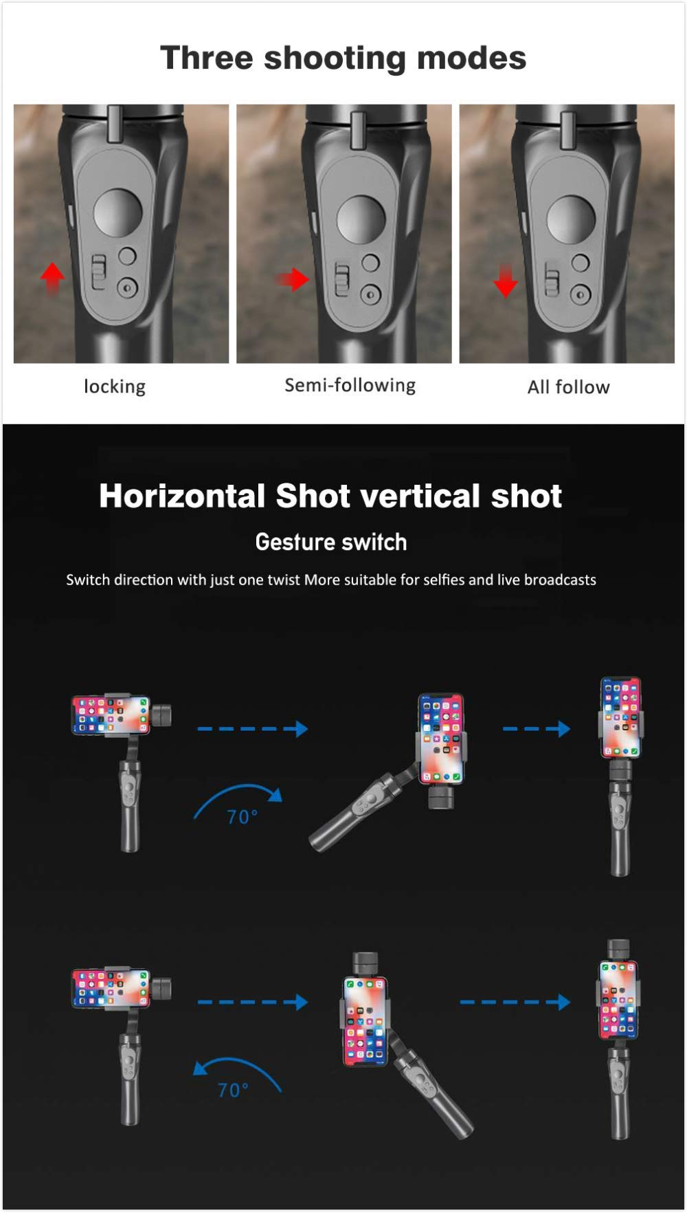 Estabilizador De Cardán De Mano, Teléfono Móvil VLOG Estabilizador De Teléfono Móvil Antivibración para Cámara De Acción 4-5.5 Pulgadas Smartphone Accesorios para Teléfonos Móviles