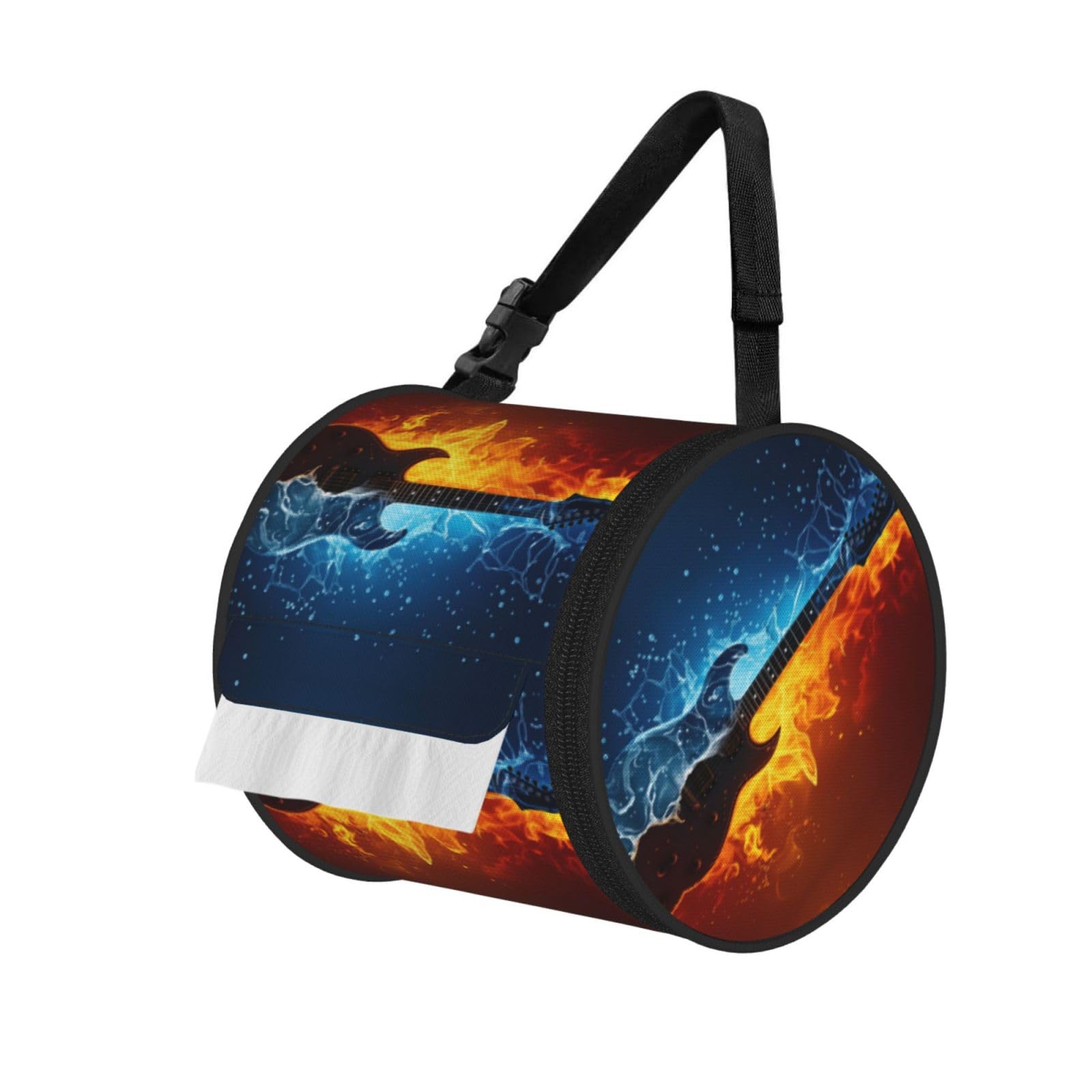 Guitar Fire & Water Print Round Tissue Dispenser Bag With Carry Strap, Portable Roll Holder For Car Travel Home