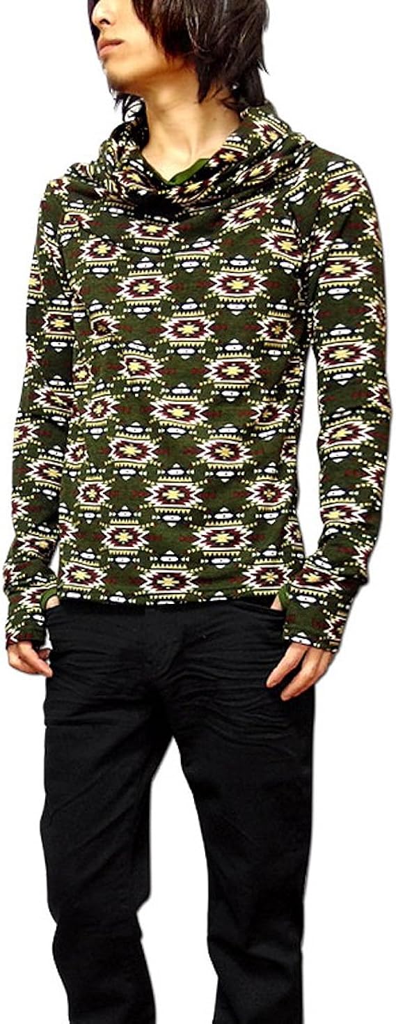 Amazon Co Jp フォークロア パーカー カットソー ロンｔ メンズ オルテガ柄 チマヨ柄 ノルディック柄 フォークロア カーキグリーン 服 ファッション小物
