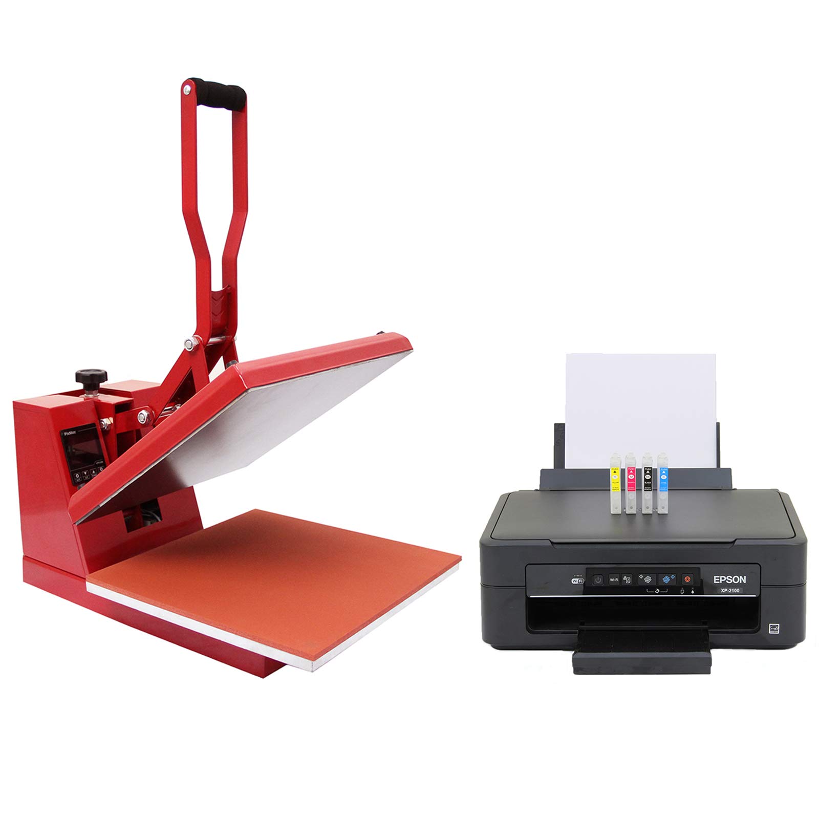 PixMax Clam Flat Heat Press Transfer Machine 38cm & Printer Sublimation Custom T-Shirt Design Print Kit Bundle Personalise Customise Printing