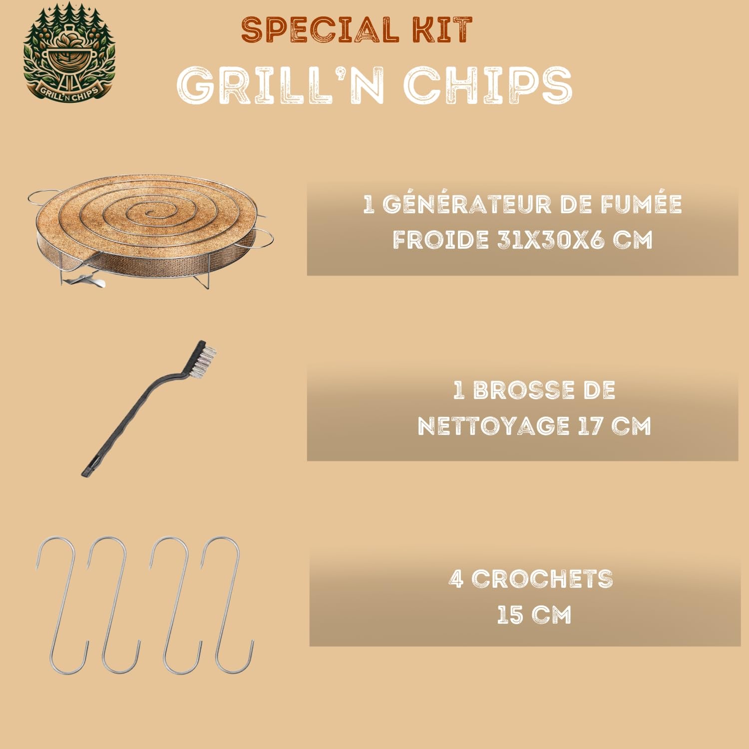 Generatore (30 cm)/Serpentino di fumo freddo per affumicatore di carne e pesce + 4 ganci e 1 spazzola di pulizia - Guida digitale PDF da scaricare (offerta)