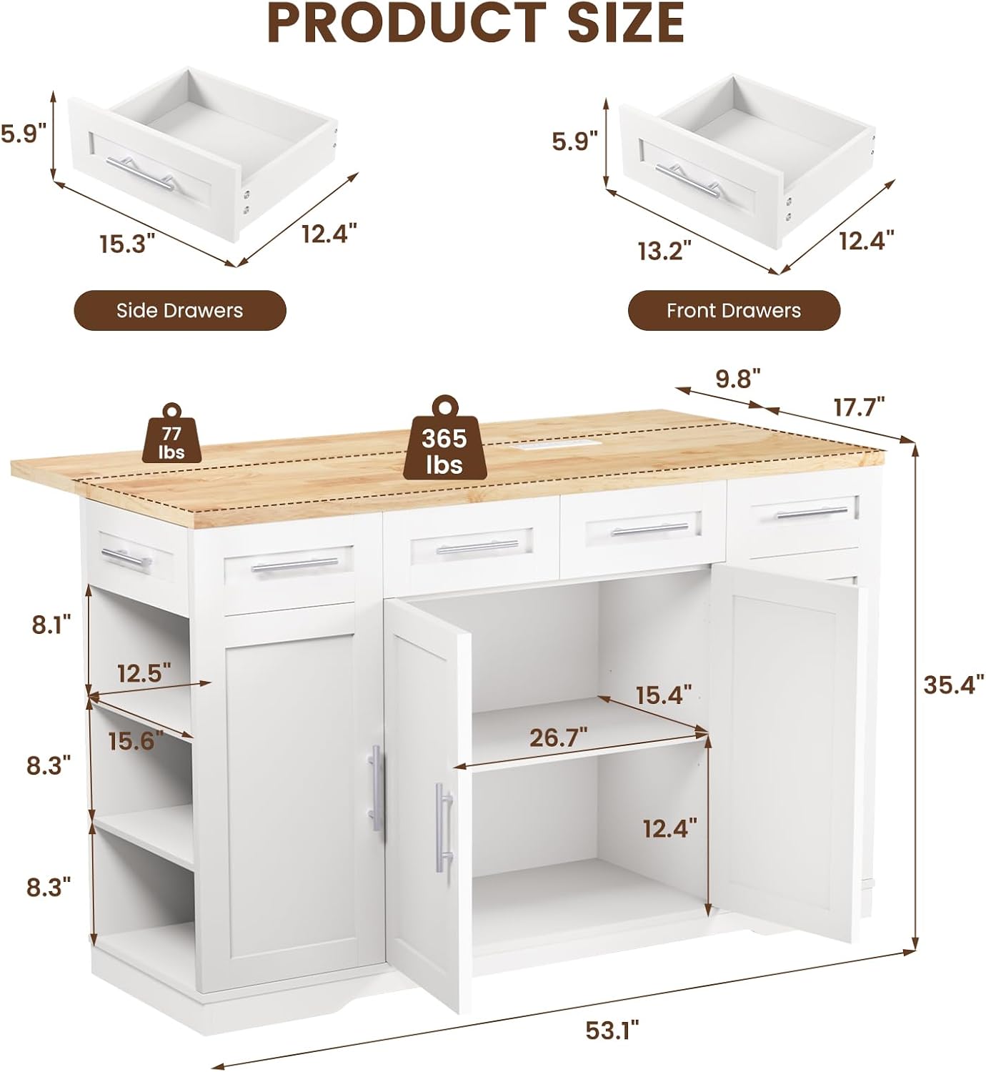 Detailed product dimensions of the Dripex kitchen island, including drawer sizes, cabinet interior, and overall height and width.