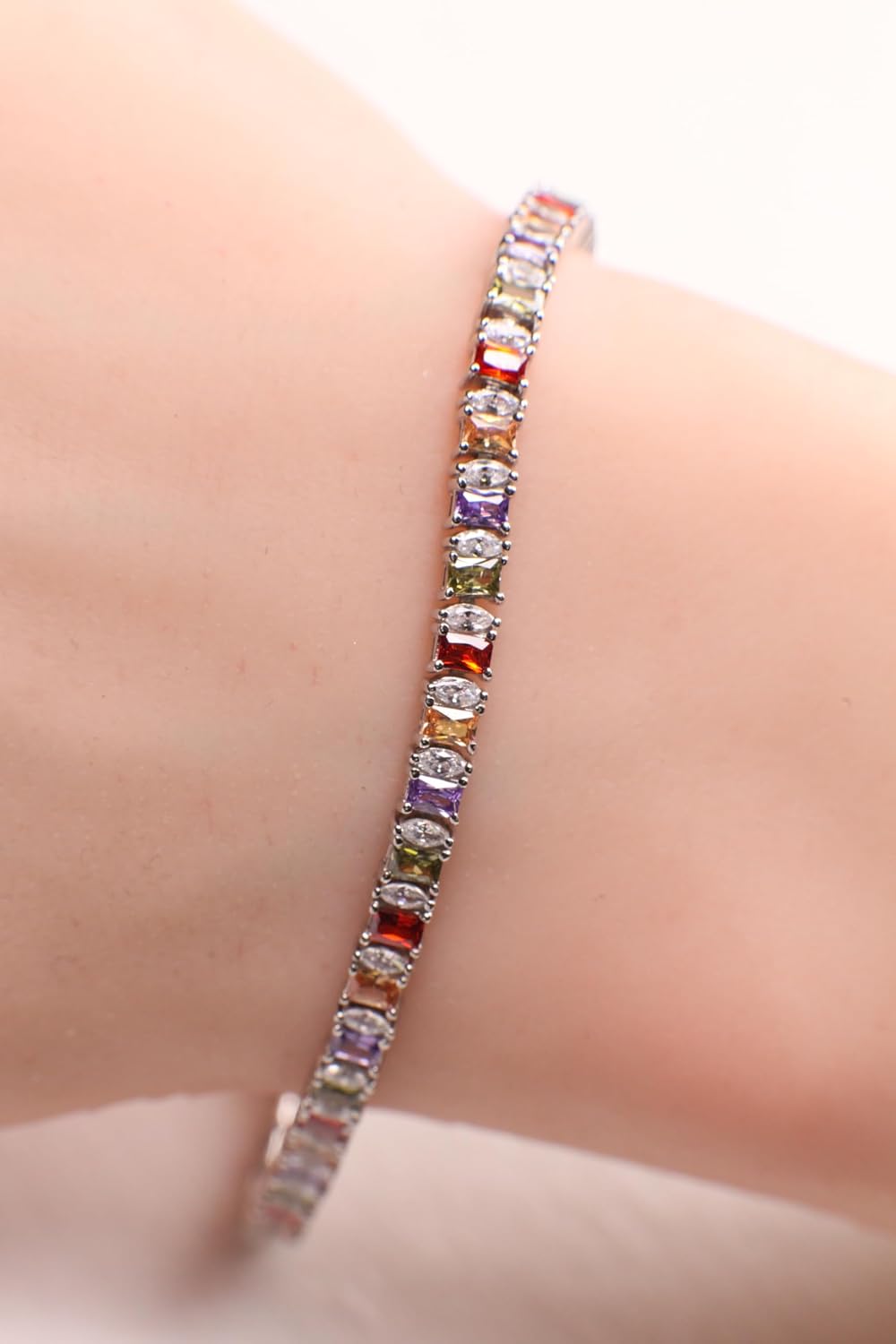 925 Sterling Silver Solid Multi Gemstone and CZ Diamond Princess cut Tennis Bracelet 7.5” Peridot Citrine Amethyst Garnet 925 stamped