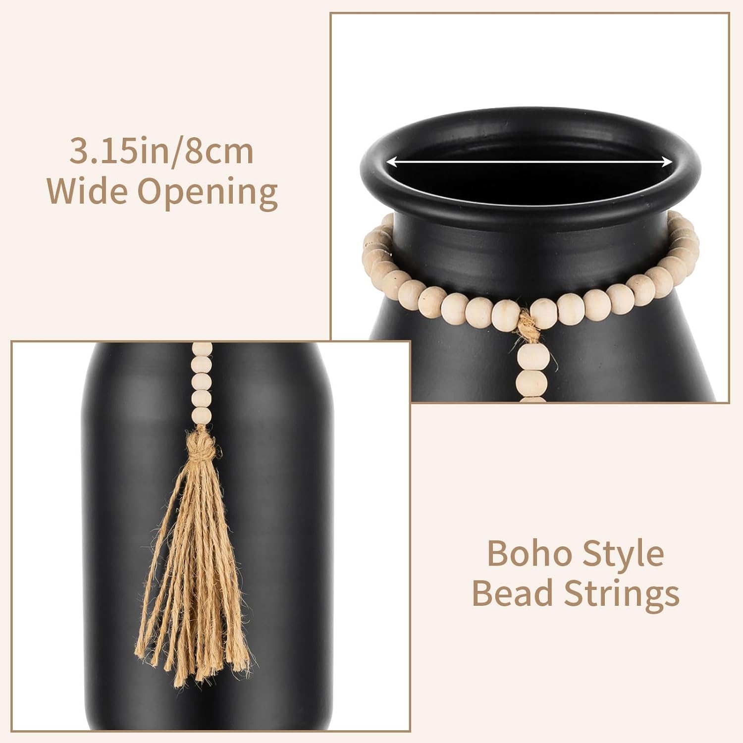 Sziqiqi Black Decorative Flower Vase - 9in Boho Vase with Bead Strings for Pampas Grass Vintage Metal Vases for Table Home Decor Matte Cylinder Vase for Artificial Flowers Rose Twigs