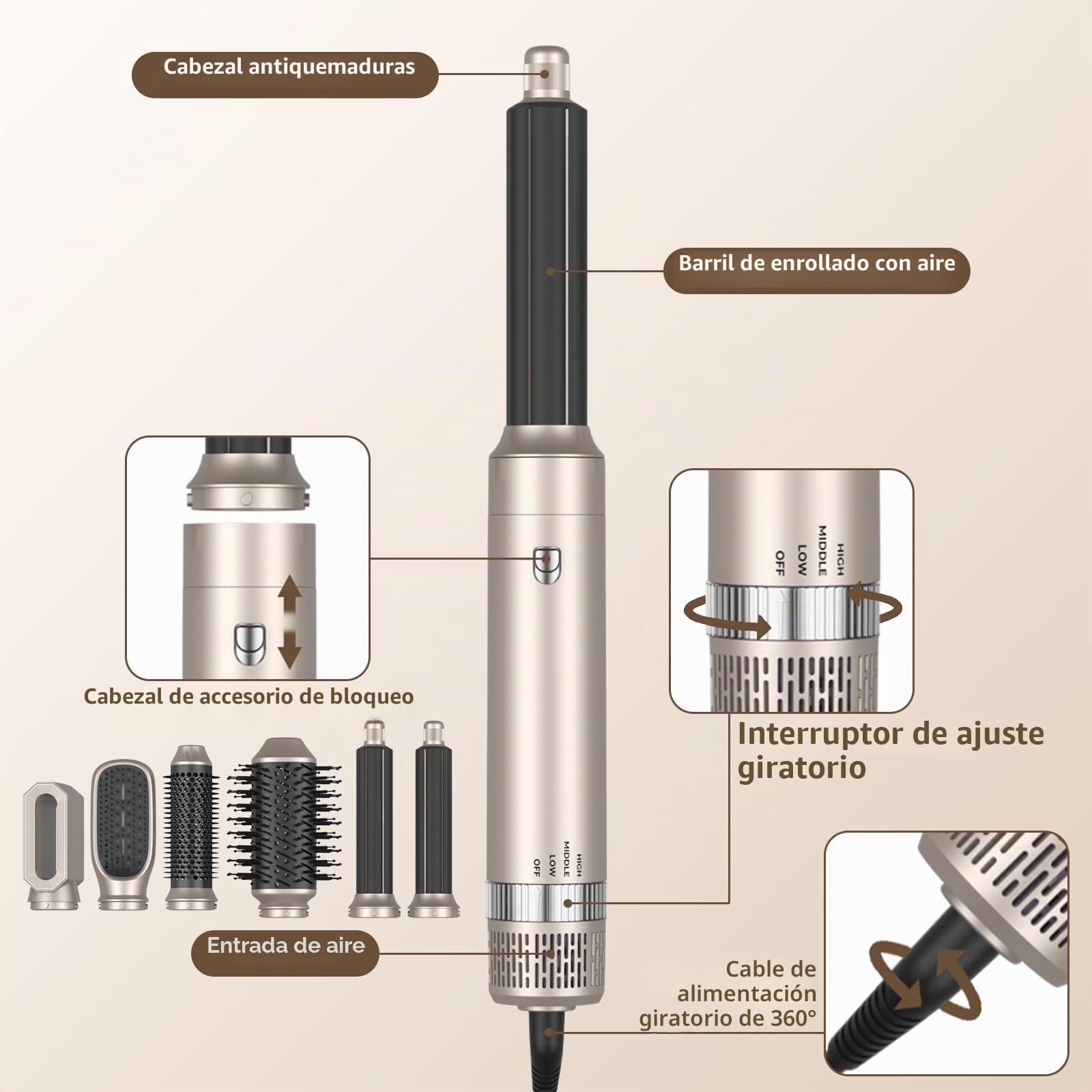 Cepillo Secador de Pelo 6 en 1, 1400W Cepillo De Aire Caliente Multifunción, Moldeador Pelo With Riza 3 Temperaturas, Tecnología Ion, Cepillo Alisador para Da Volumen, Alisa y Seca