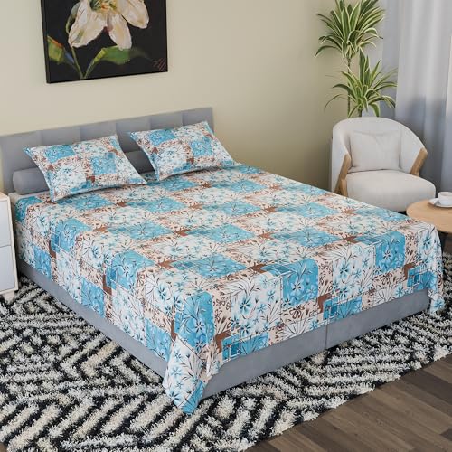 Image of Kuber Industries Cotton 144 TC Double Bedsheet With 2 Pillow Covers | Machine Washable Soft Bedsheet For Living Room, Home & Hotels | Flower Print - Blue & White
