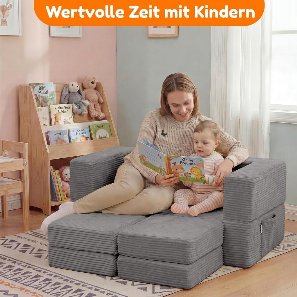 MeMoreCool Kindersofa aus Cord, Ausklappbares Schaumstoff Sofa, Modulare Mini Couch für Kinderzimmer & Schlafzimmermöbel, Hellgrau