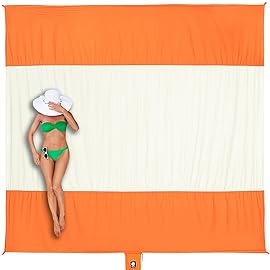 WEKAPO Beach Blanket - Sandproof Waterproof Extra Large Beach Mat | Oversized Sand-Free Lightweight Quick-Drying | Beach Essentials for Vacations with Stakes & Corner Pockets (Orange, 9x10 FT)