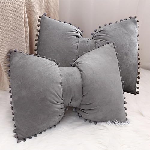 14x20 Fundas de almohada decorativas con pompones y lazo de terciopelo para habitación, cama, sofá, sofá cama, gris x2