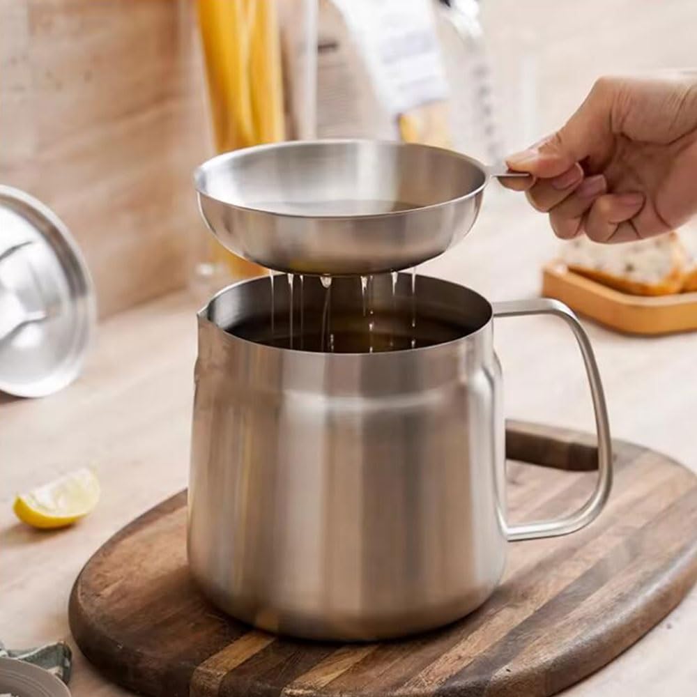 Récipient filtre à huile en acier inoxydable 304 – Pot de cuisine de grande capacité pour un usage domestique, mini friteuse à huile polyvalent et tasse filtrante, facile à nettoyer et à utiliser