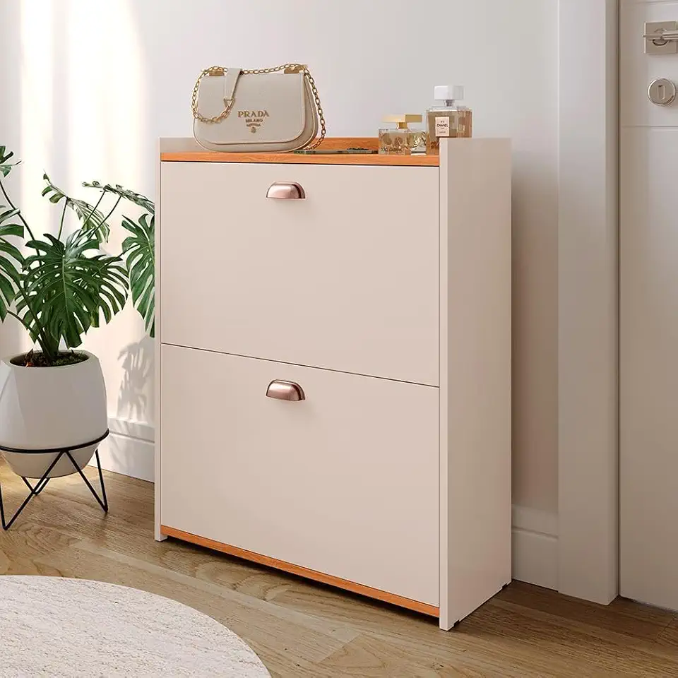 Sapateira Vertical Estreita Porta Entrada 2 Gavetas Basculante Organizador Calçados Quarto Hall - Off/Cinamomo