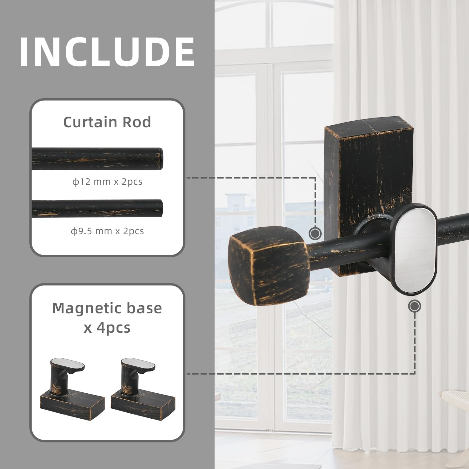 2 Pack Magnetic Curtain Rod for Metal Doors Windows,9 to 16 Inch,Multi-Use Adjustable Appliance for Iron and Steel Place,Tool Free,Black/Gold