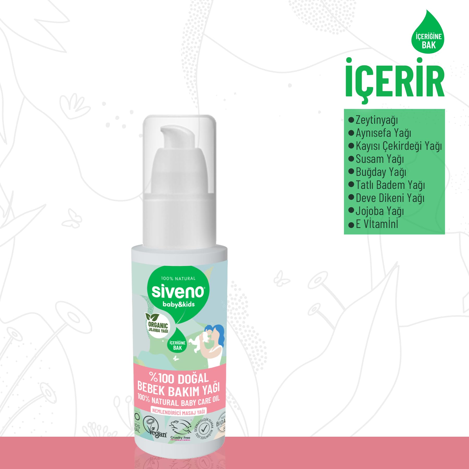 Siveno %100 Doğal Bebek Yağı Organik Jojoba Bakım Masaj Yağı Parafinsiz Bitkisel Vegan 50 ml