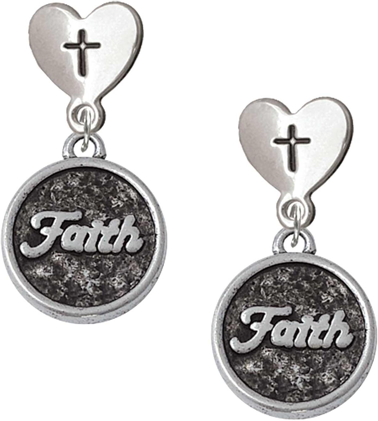 Delight Jewelry Silvertone Antiqued Round Seal - Faith Cross in Heart Post Dangle Earrings