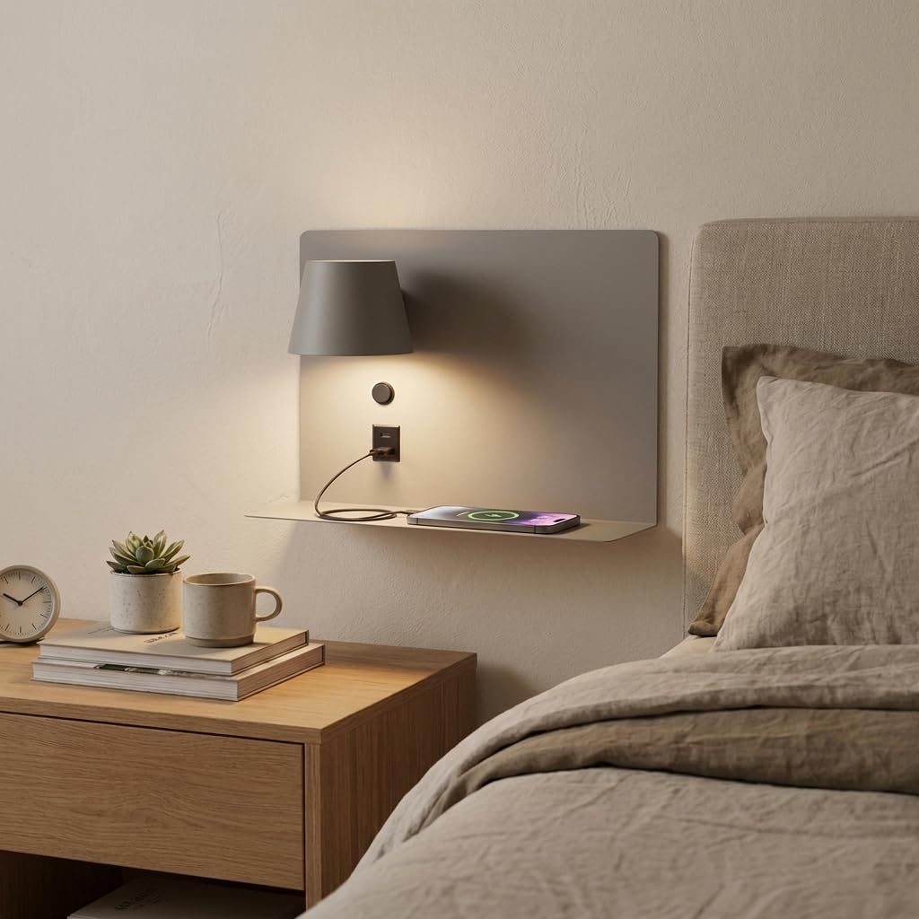 BARCELONA LED Wandleuchte BASKOP 6W Grau Links | Leselicht auf der linken Seite | USB + USB-C | Bettkopfteil Lampe mit Ablage | LED 2700K Warmweiß | 350° Drehbarer Spot für Schlafzimmer Modern