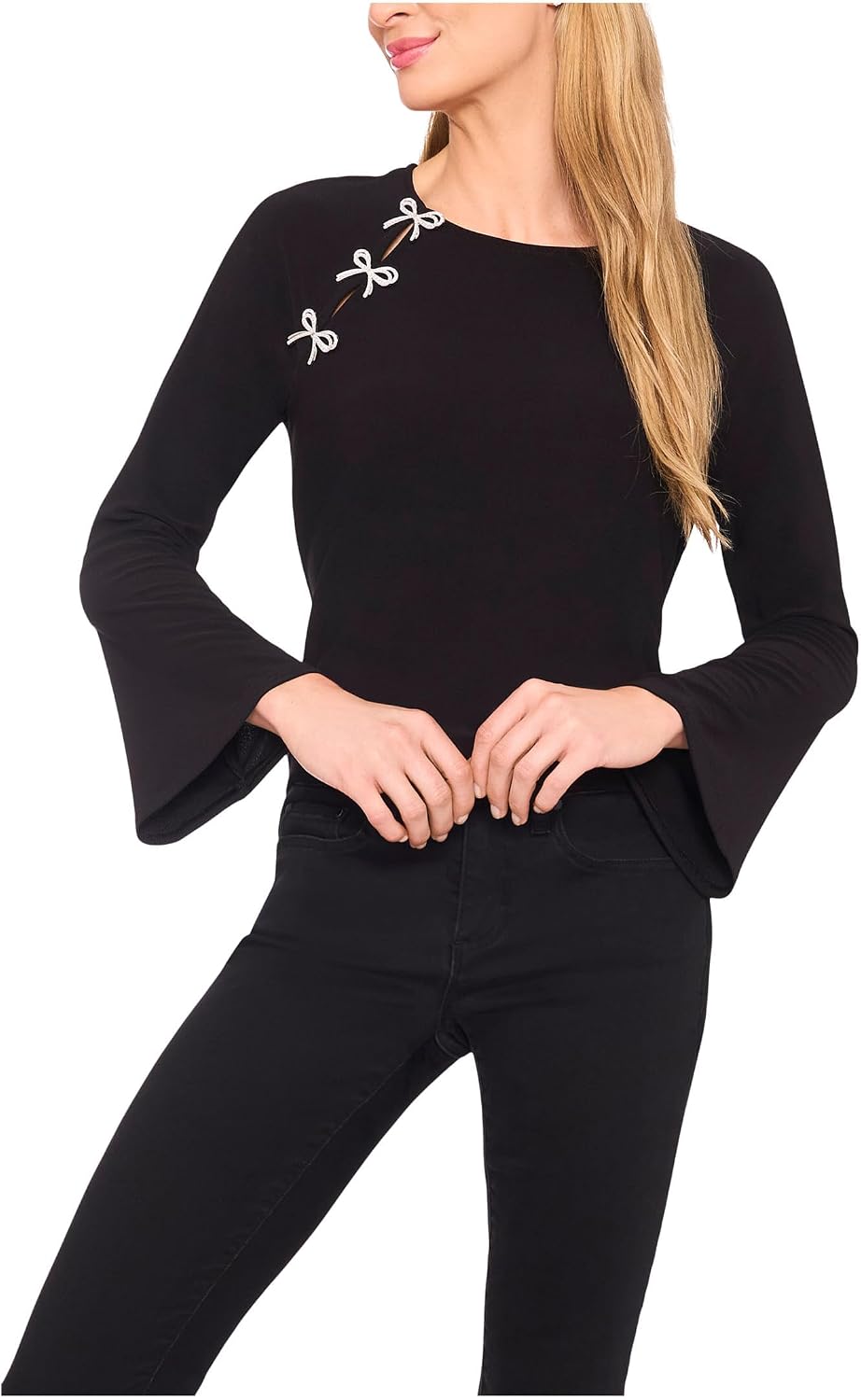 CeCe Women's Pearl Bow Applique Long Sleeve Knit Top