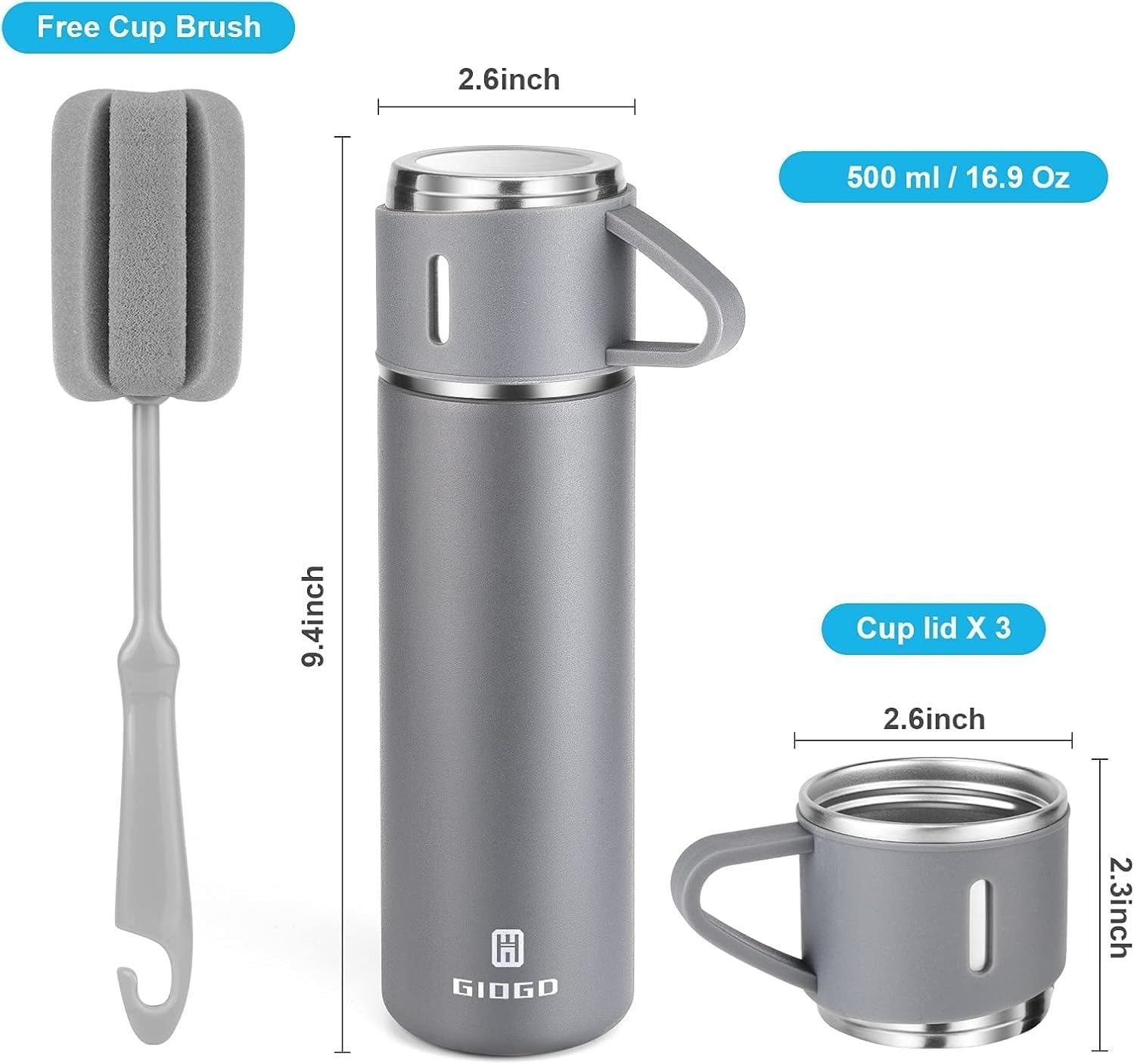 Stainless Steel Thermo 500ml/16.9oz Vacuum Insulated Bottle with Cup for Coffee Hot drink and Cold drink water flask.(Gray,Set) - Image 4
