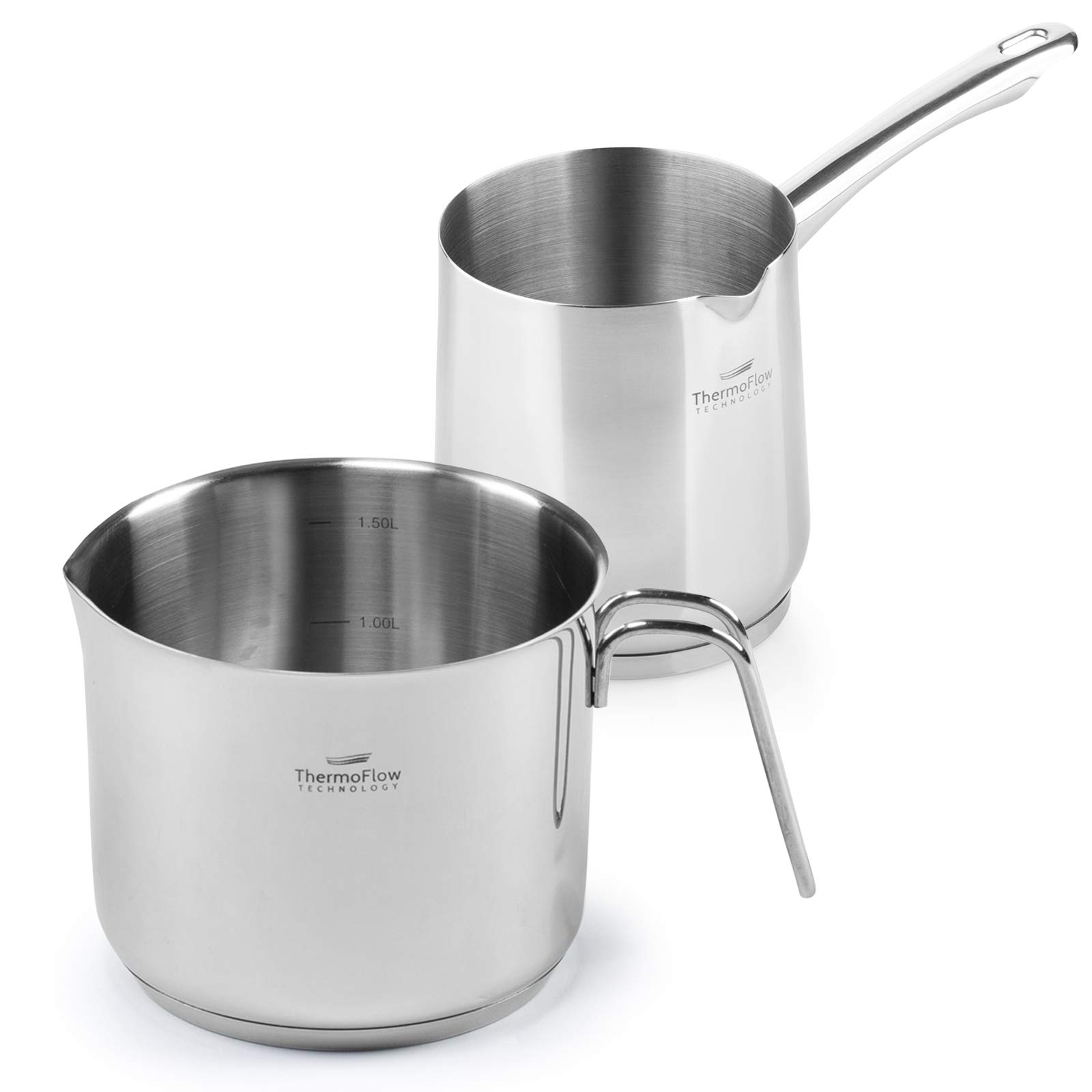 Rosmarino 2-teiliges Set aus Türkischer Kaffeekanne 700 ml und Milchkanne 1,5 l - Edelstahl-Kochgeschirr mit Hitzebeständigen Griffen - für Alle Herdarten Geeignet, 2er-Set