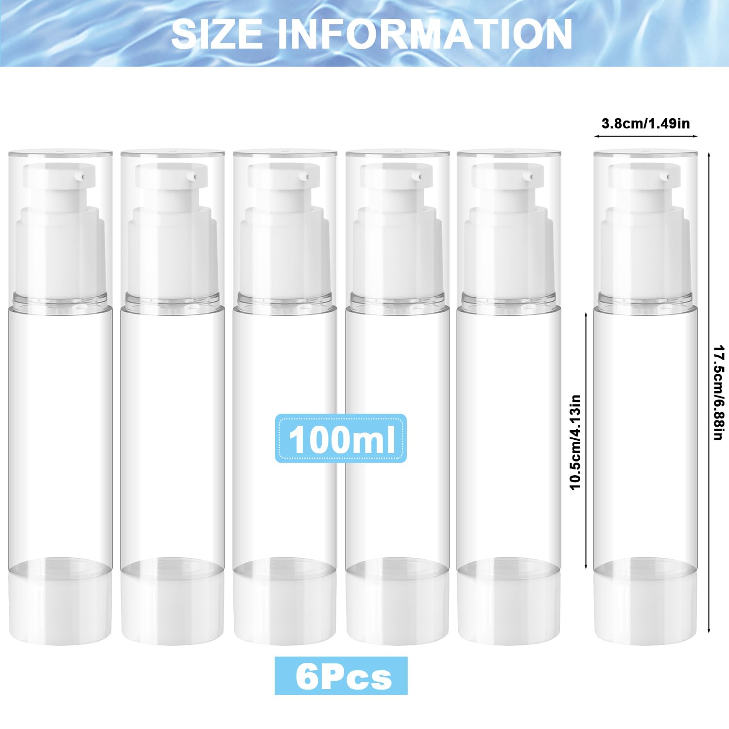 Airless Dozownik z pompką, 6 sztuk, 100 ml, puste butelki na krem, do wielokrotnego napełniania, próżniowe butelki podróżne do napełniania, do podróży, balsamów, szamponów, kosmetyków