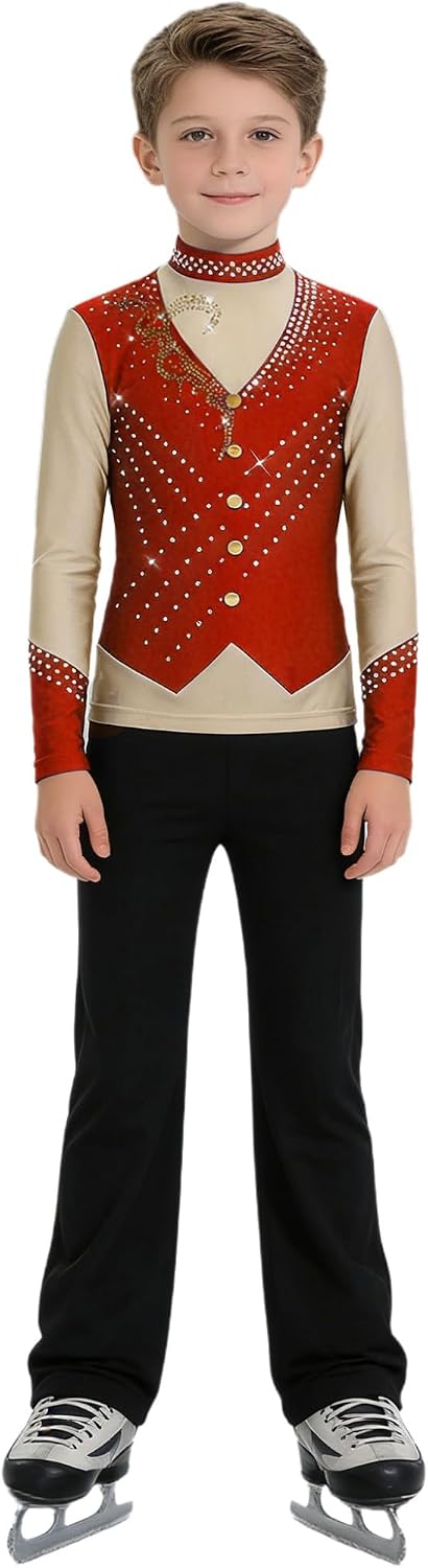 Boys Sparkly Figure Skating Suit Long Sleeve Color Block Shirt with Pants Shiny Jazz Latin Ballroom Dance Outfits