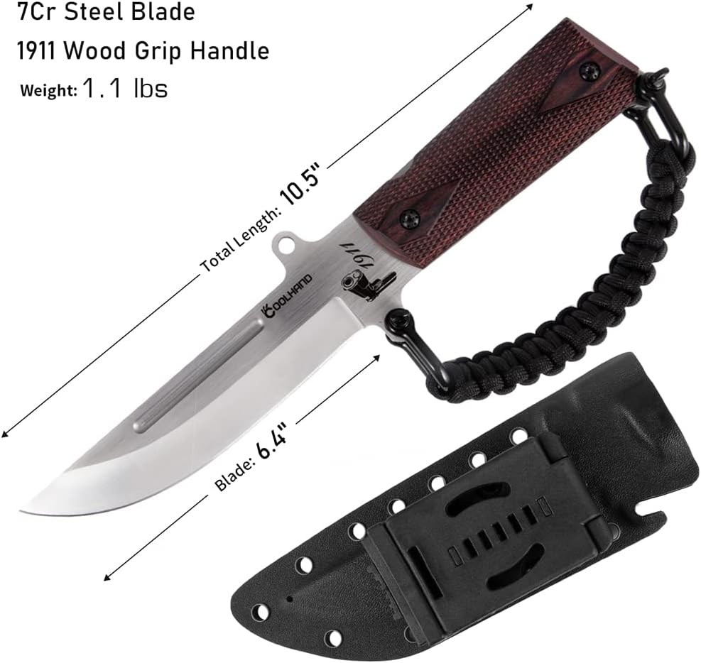 Cool Hand 10.5'' Fixed Blade Hunting Knives, Heavy Duty Survival Knife with Sheath, Drop Point 0.2" Thick 7Cr Steel Blade, Replaceable 1911 Wood Grips Handle