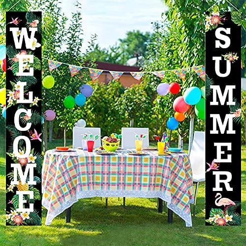 Miniatura 6 de KYMY Letrero de bienvenida de verano para porche, flamenco floral para puerta exterior, decoraciones de fiesta de Hawaii, bandera colgante,