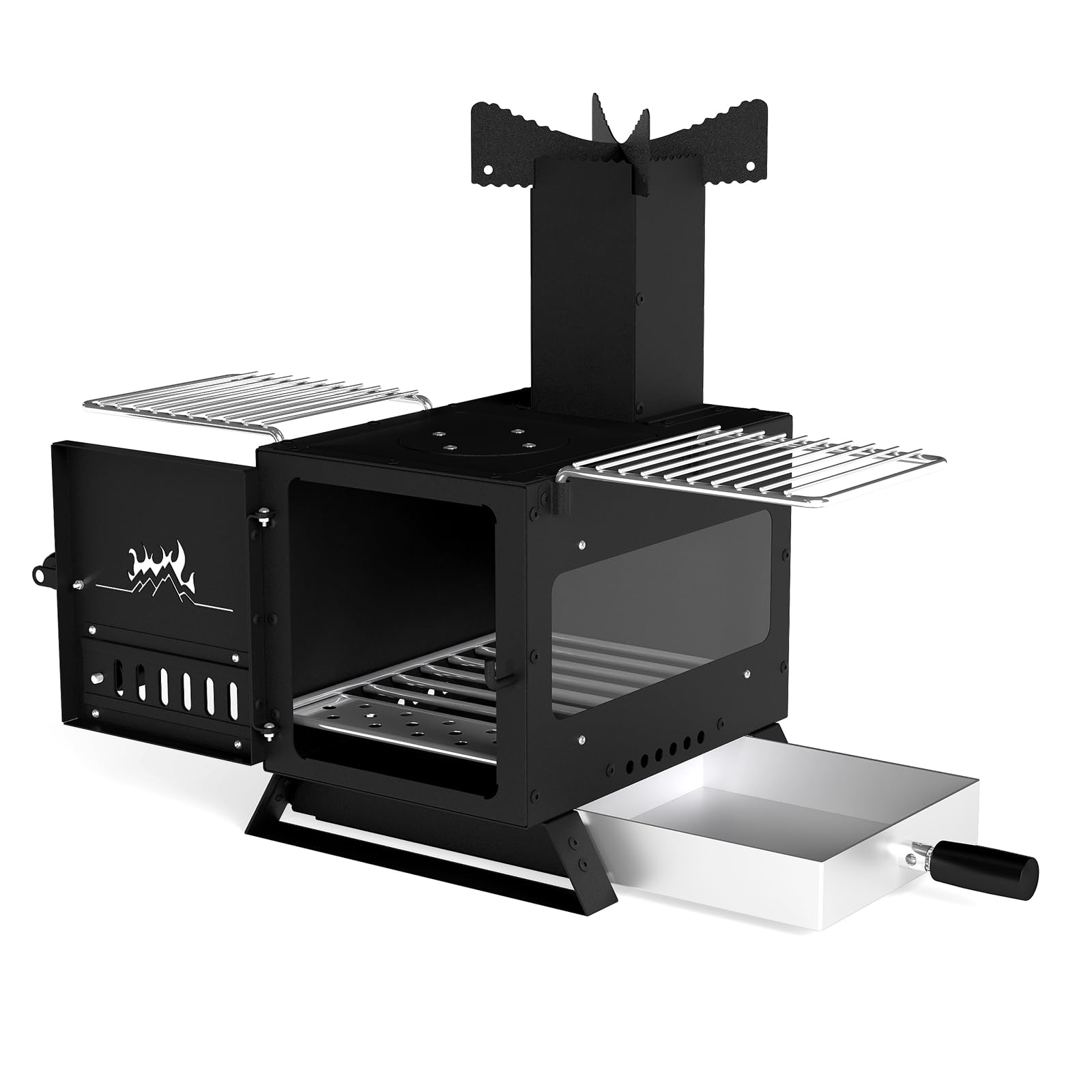 TANGZON Wood Burning Stove, Portable Camping Stove with Glass Viewing Window & Anti-scalding Handle, Carbon Steel Fired Cooker Heater for Picnic Hiking (54 x 36 x 44 cm, with Oven Pan & 2 Grills)