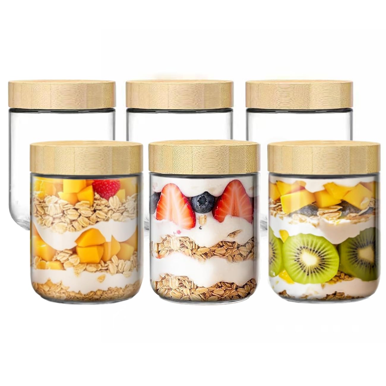 Pykrudo Glass Overnight Oats Jar with Bamboo Lids Set of 6, 450ml Glass Food Storage Containers for Tea Coffee Sugar Kitchen Preserving Jar