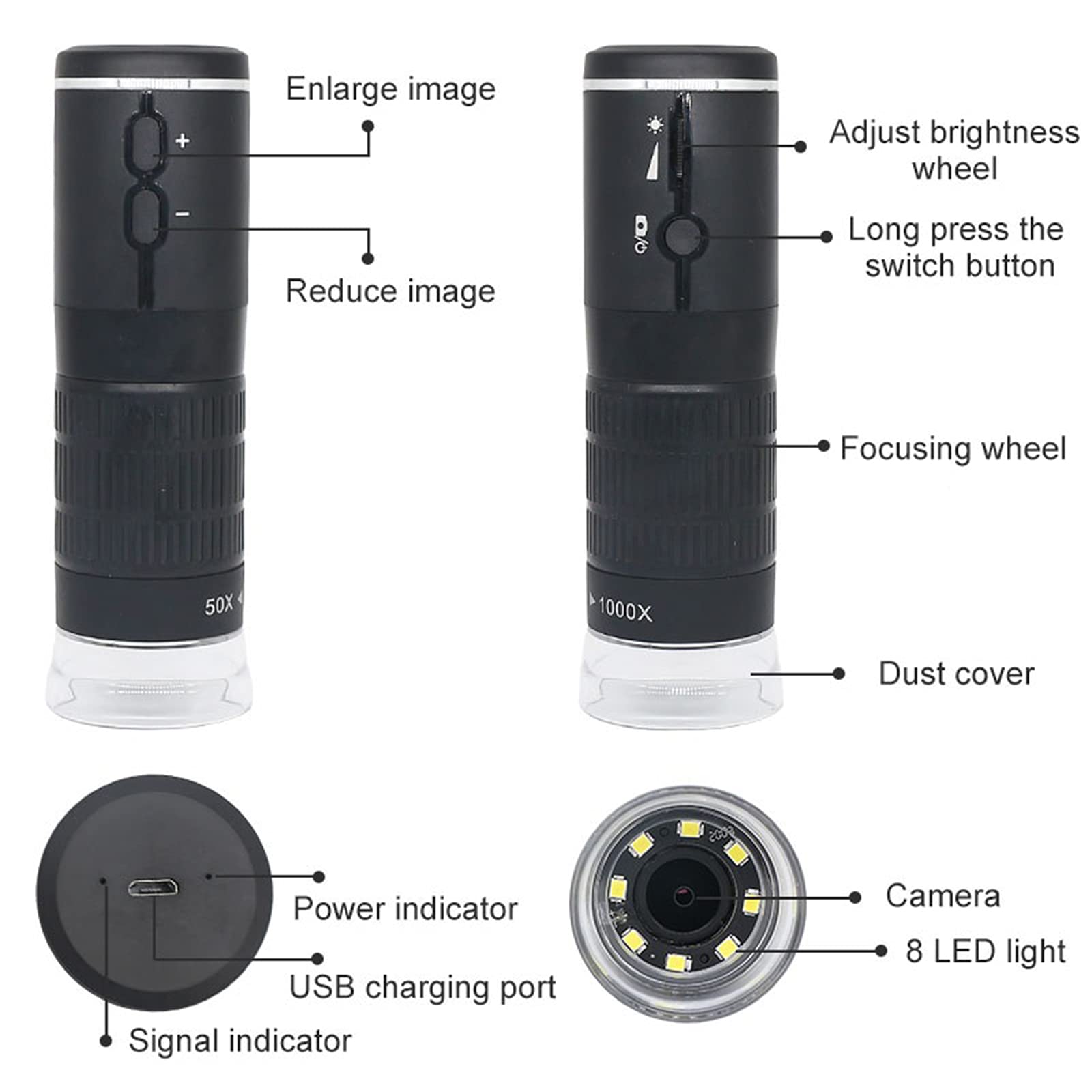Mikroskop cyfrowy Wifi, bezprzewodowy mikroskop kieszonkowy ręczny aparat mikroskopowy USB 8 LED 1080P HD 50x do 1000x powiększający endoskop z elastycznym ramieniem, kompatybilny z tabletem z systemem Android iOS