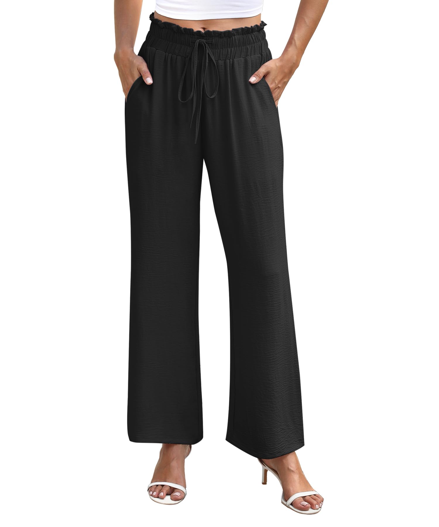 NILOUFO Women's High Waist Wide Leg Pants Elastic Drawstring Casual Loose Flowy Trousers with Pockets