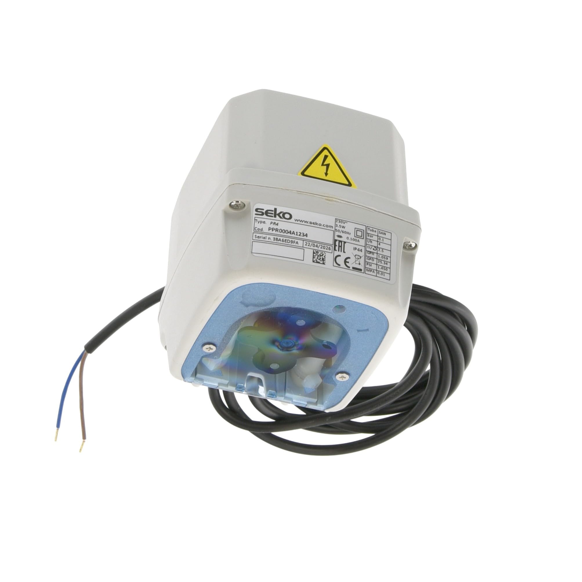 Seko PR-4 doseur de détergent 0,6-4 l/h 230VAC, pompe doseuse péristaltique PPR0004A1234 avec tuyau Santoprene, câble 3 m et kit de montage pour lave-vaisselle professionnel