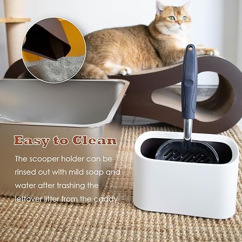 Heavy-Duty Metal Cat Litter Scoop with Holder, Aluminum Cats Litter Scooper Captures All Clumps, Kitty Metal Scooper and Holder (White)(White)