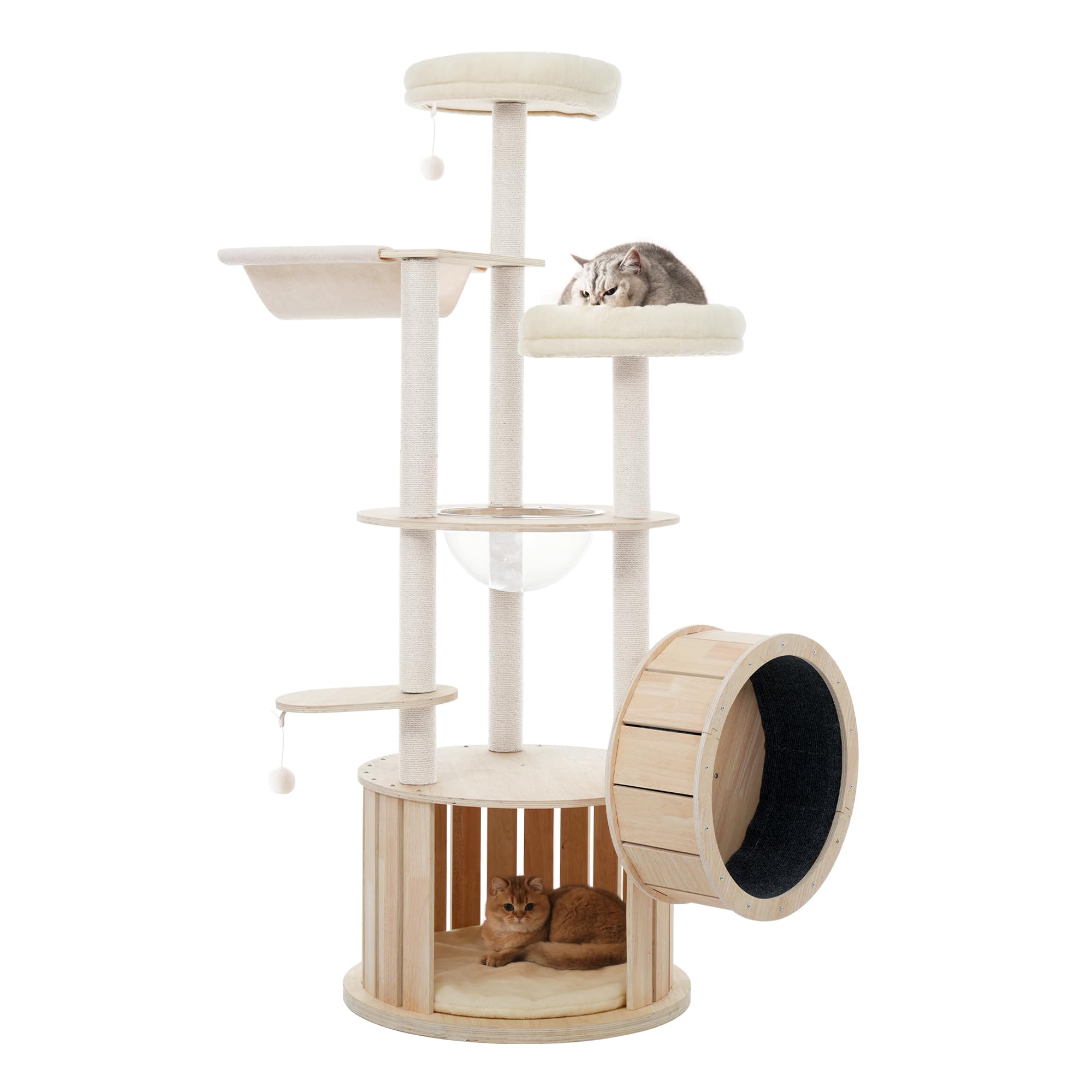 猫タワー 木製 高さ175.5cm ランニングホイール搭載 U字型フィットベッド Amazon | 大型キャットタワー 猫用 ランニングホイール搭載 木製 高さ