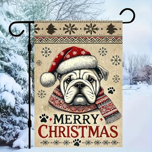 Image of BlissYard Christmas Garden Flag 12x18 Inch Bulldog Santa Hat Yard Decor