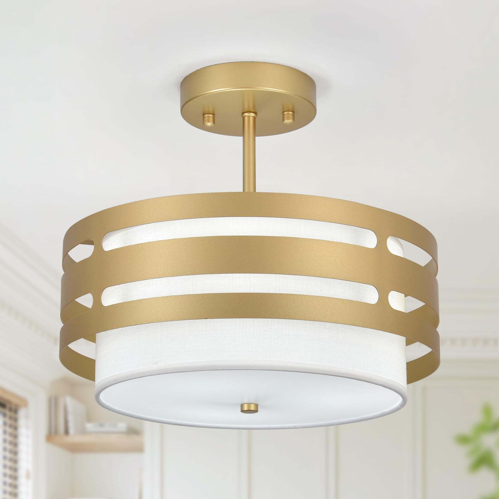 Gold Ceiling Lights Living Room, 3 Lights Flush Ceiling Light with Lamp Shade, E27 Gold Chandeliers Ceiling Light, Modern Chandelier Ceiling Lights For Kitchen, Hallway, Bedroom, Lounge, Farmhouse