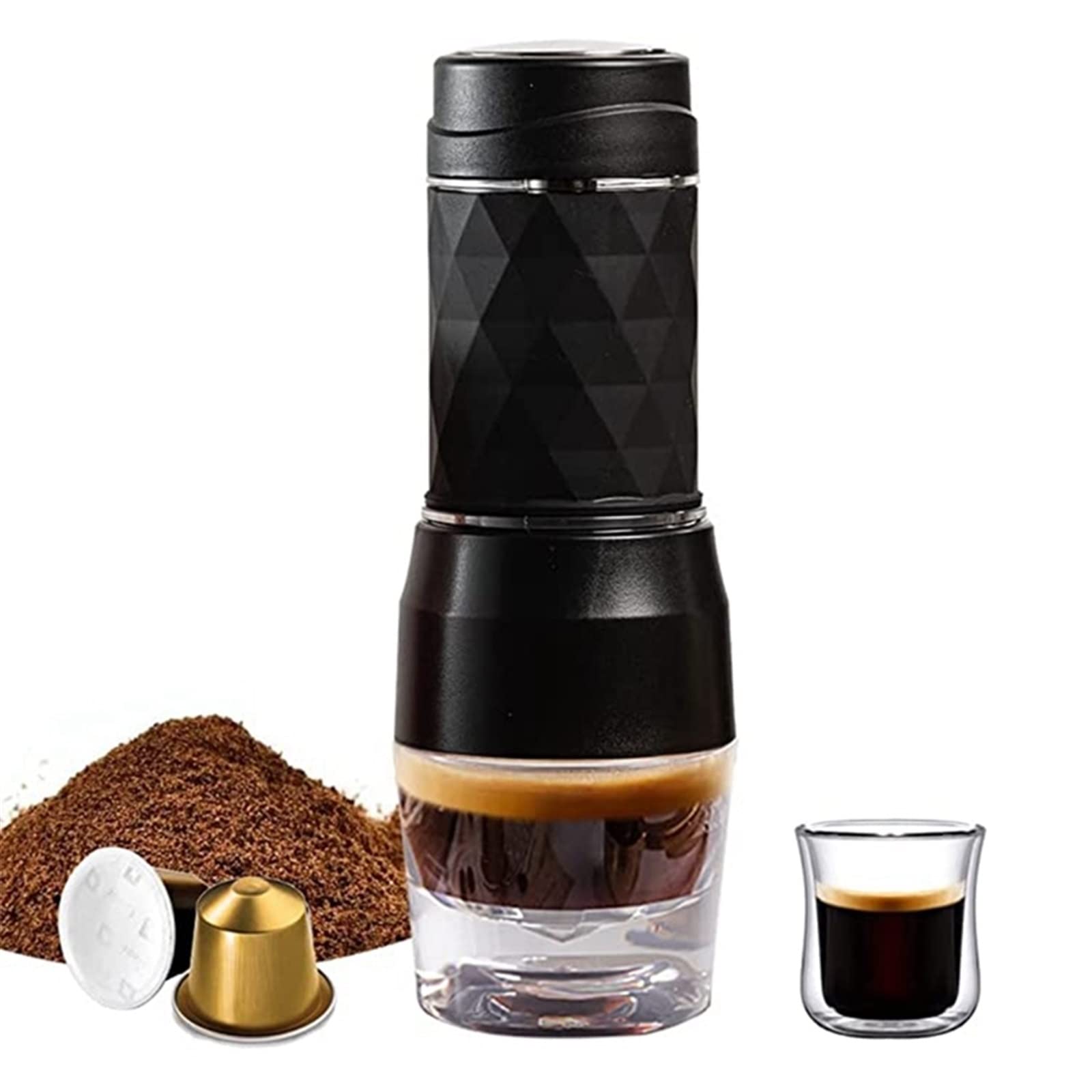 DieffematicKF Cafetera Cafetera portátil, máquina de café expreso, cápsula de Prensa Manual, cafetera de café molido, portátil para Viajes y Picnic (Color : Schwarz)