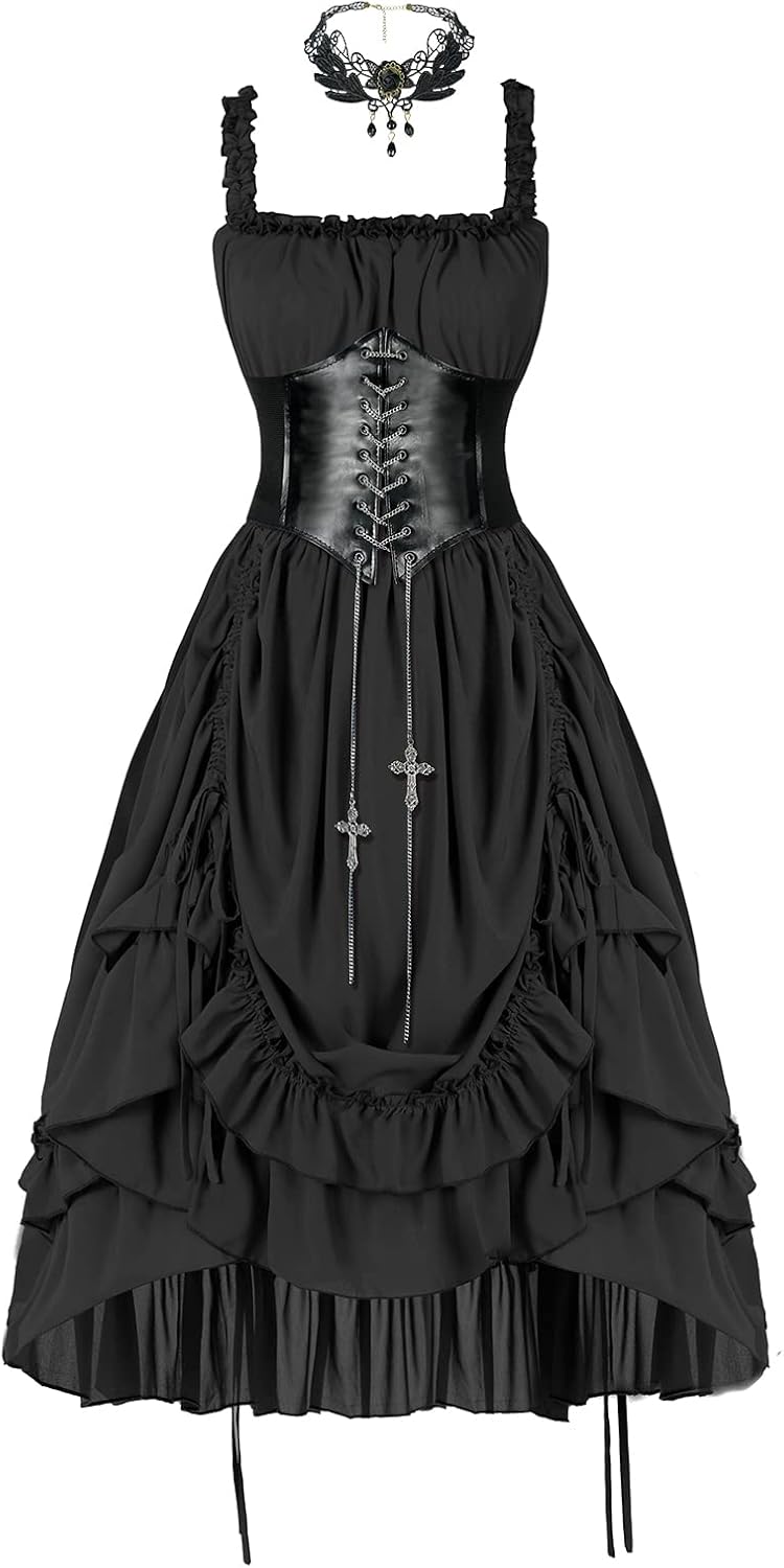 Women's Steampunk Dress Renaissnace Victorian High Low Ruffled Dress Halloween Costume