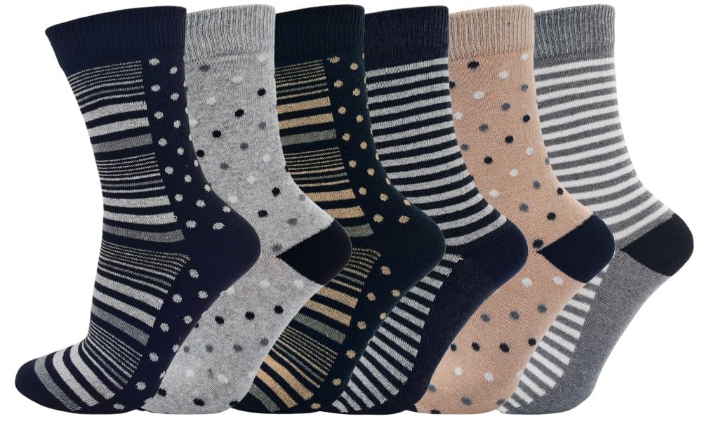 Sock-Tec Women's Black Grey Biege Ankle Socks Cotton Rich Funky Designs Multipack Of 6 Pairs Size 4-8 (Uk, Numeric, 4, 8, Regular, Regular, Spots & Stripes)