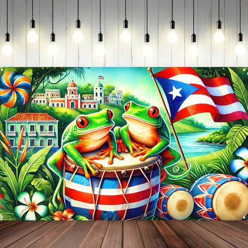 Image of BlissYard Puerto Rico Banner 71 x 43 inchs Boricua Frog Drum Flag Backdrop Tropical Island Festival Wall Decor for Puerto Rican Party Parade Cultural Event Home Decoration