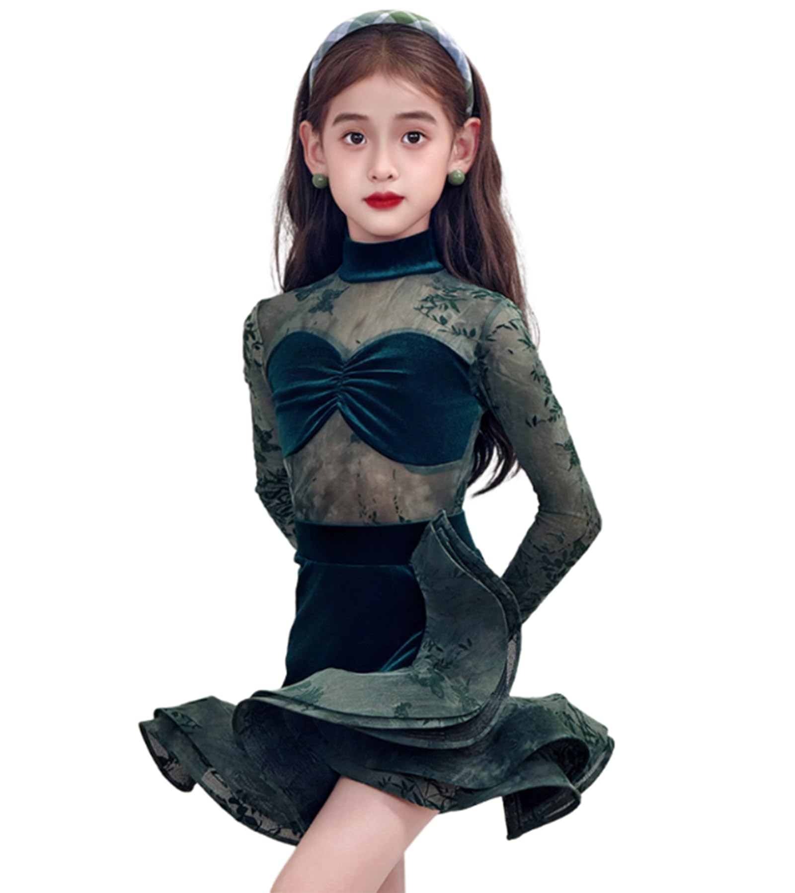 Robe À Franges pour Fille Manches Longues en Velours Tenue De Danse pour Enfant Jupe De Bal Robe De Spectacle pour Entraînement et Spectacle(150cm)