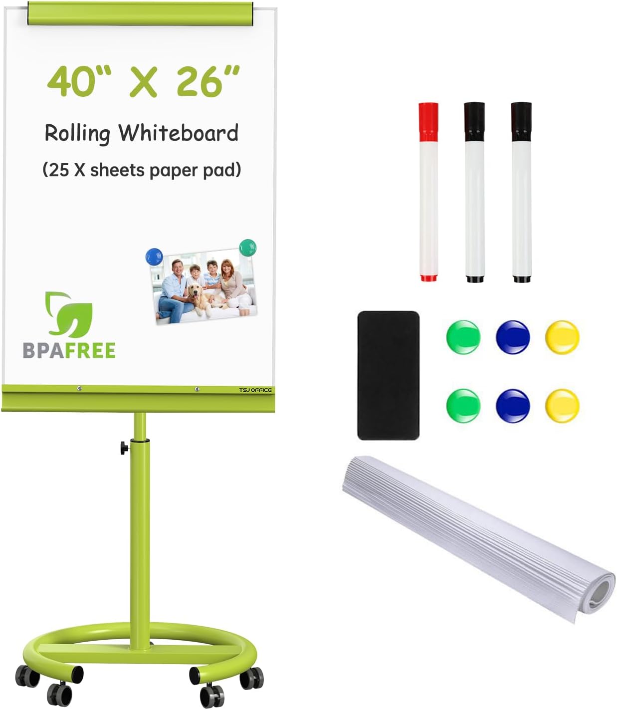 ( incomplete) TSJ OFFICE Mobile Whiteboard Magnetic - 40 x 26 Inches Dry Erase Board on Wheel with Stand Flipchart Easel Height Adjustable,Green