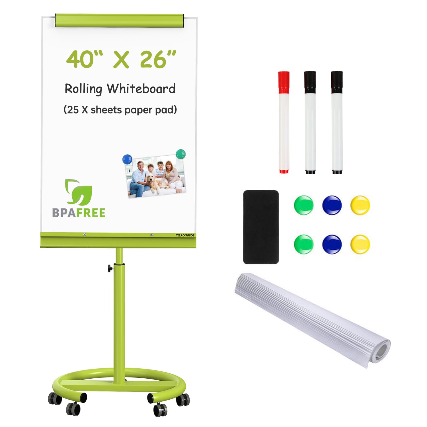 TSJ OFFICE Mobile Whiteboard Magnetic - 40 x 26 Inches Dry Erase Board on Wheel with Stand Flipchart Easel Height Adjustable,Green