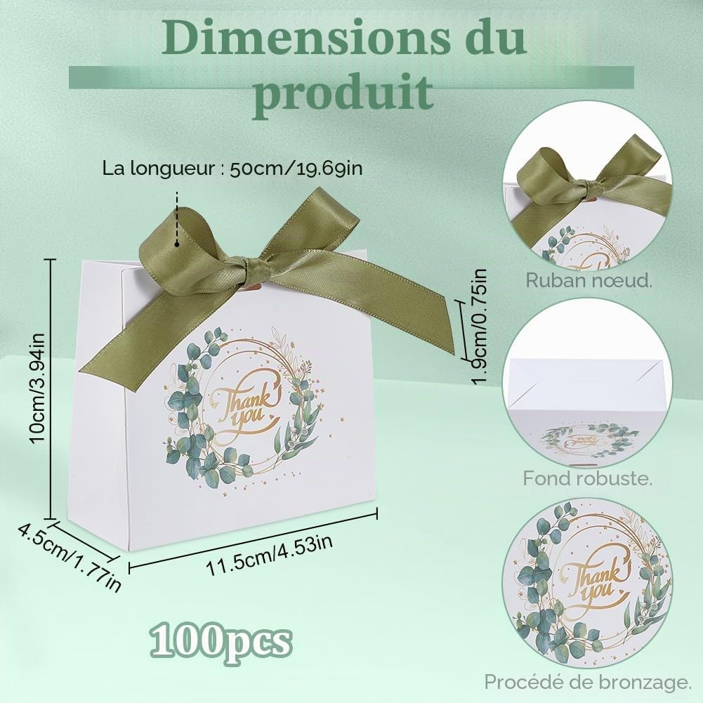FREEBLOSS 100 paquet de Petits Sacs Cadeaux de Remerciement avec Ruban Vert et Feuilles D'Eucalyptus Parfaits pour les Mariages les Anniversaires et les Fêtes Prénatales 4.5" x 1.8" x 3.9" pouces