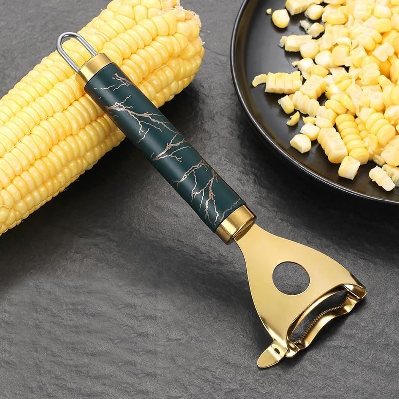 Image of Gold Corn Peeler | Stainless Steel Corn Kernel Remover |Makai Quick & Easy Handheld Corn Cutter | Durable & Sharp Cob Stripper | Kitchen Essential for Effortless Corn Peeling