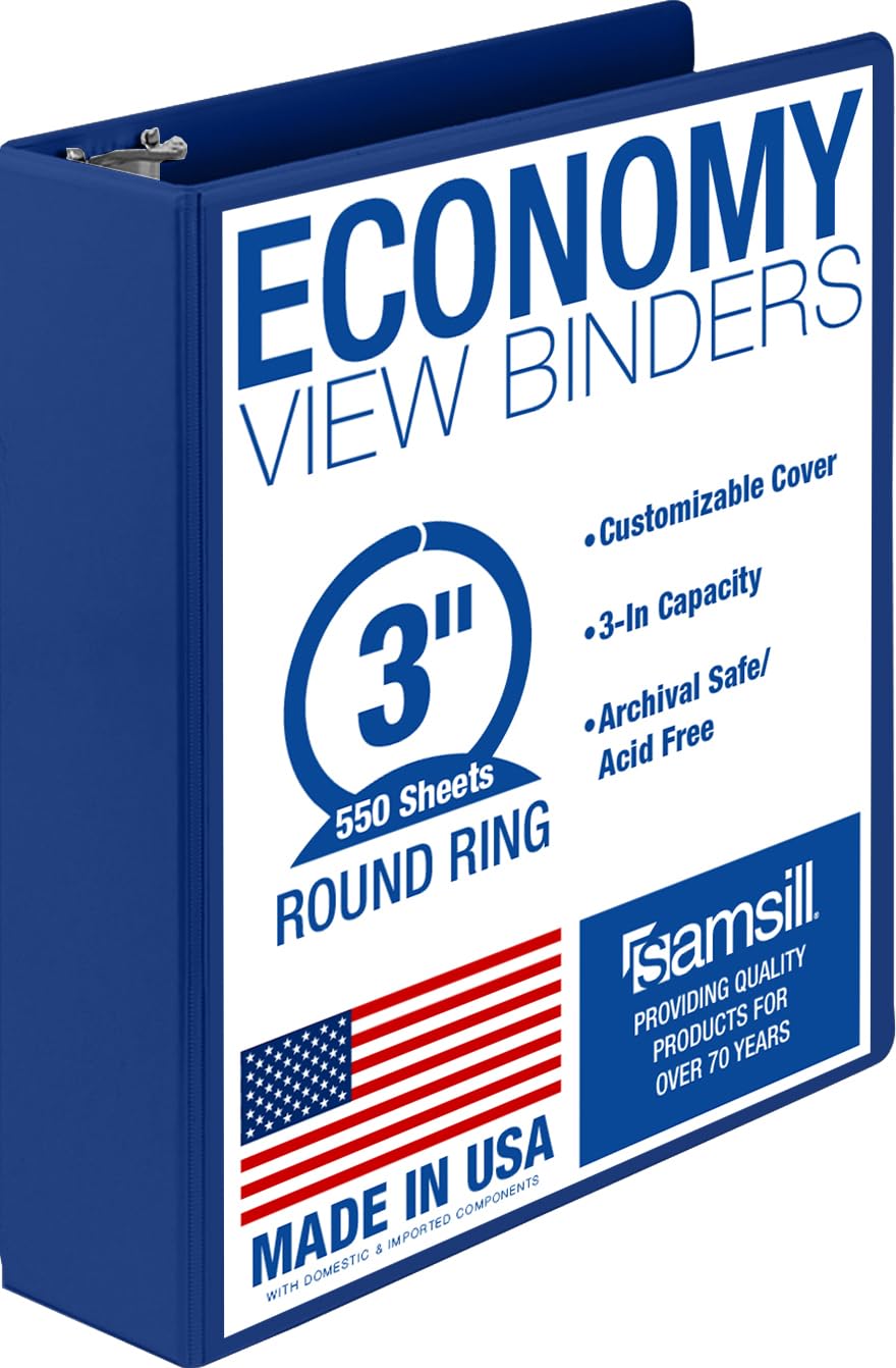 Samsill 3 Inch 3 Ring Binder, Economy Round Ring, Clear View Cover, 550 Sheet Capacity - for School, Home, Office - Blue