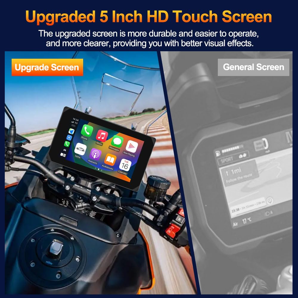 VSYSTO Motorrad Carplay Bildschirm, Kabelloses CarPlay und Android Auto, 5.0 Zoll Tragbare Wasserdichtem Touchscreen 1080P Motorrad-Kamera mit GPS Navigation, Bluetooth, Parkmonitor, Rückfahrkamera