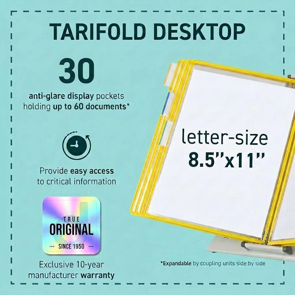 Tarifold Desktop Reference Organizer & Display System, 30 Double-Sided Pockets, 60 Sheet Capacity, Expandable, Durable Steel Wire Frames, Letter Size, Made in France, Yellow