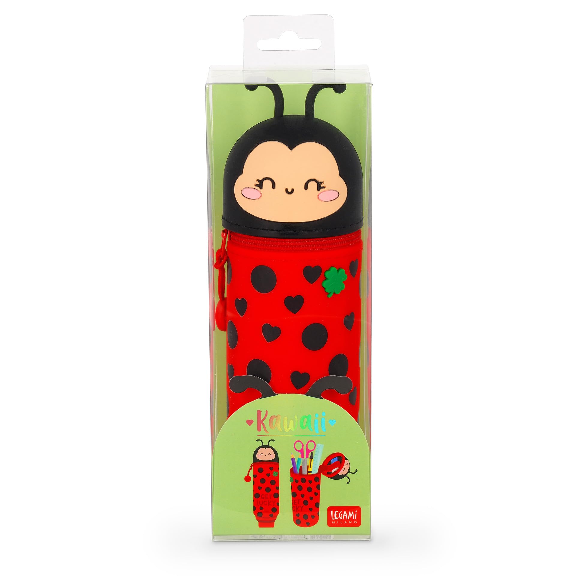Legami - Kawaii piórnik szkolny 2 w 1 z miękkiego silikonu, uchwyt na długopis stołowy, zamknięcie na zamek błyskawiczny, długopisy kredki, Czerwony, Diametro 6,3 cm, Altezza Max 21,7 cm, ladybug
