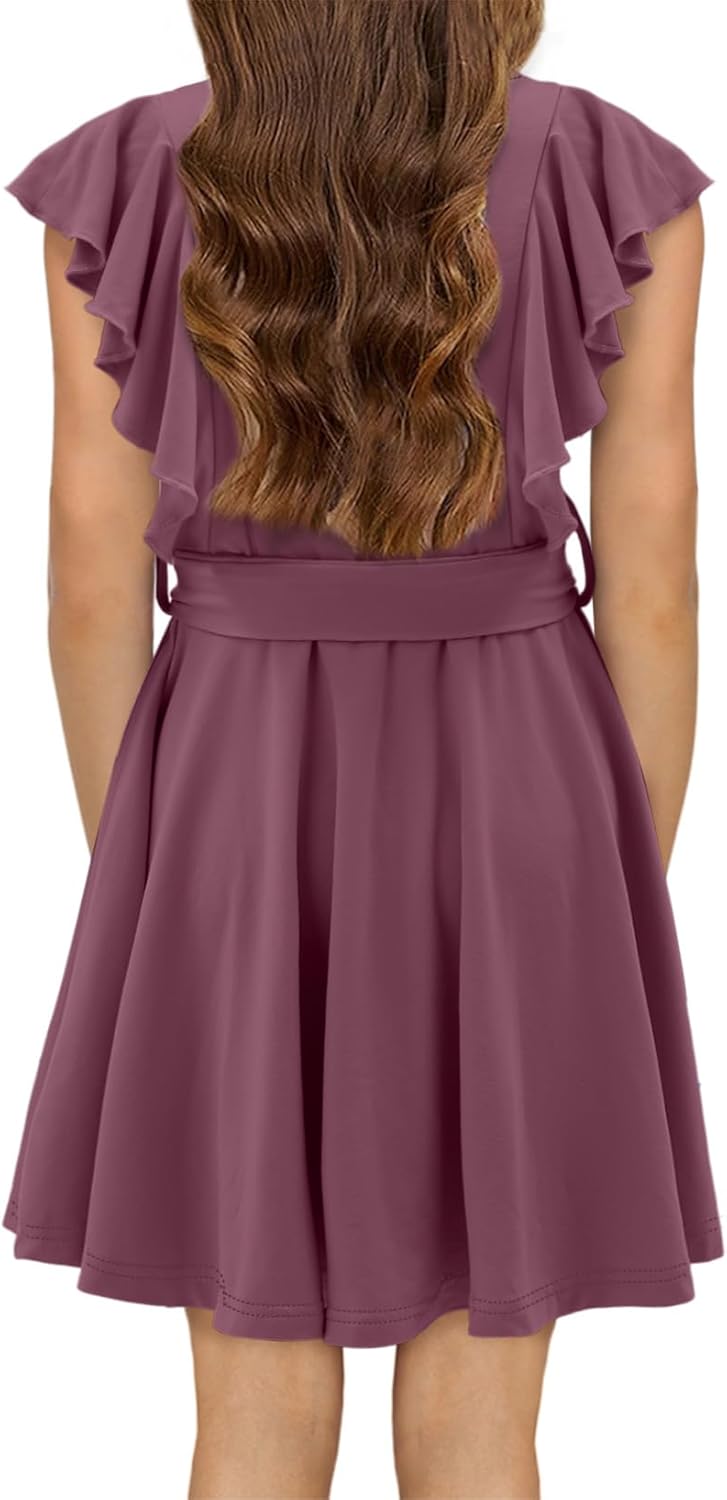 storeofbaby Girls Casual Ruffle Dress Elegant A-Line Flowy Dresses with Belt 5-14 Years - Image 5