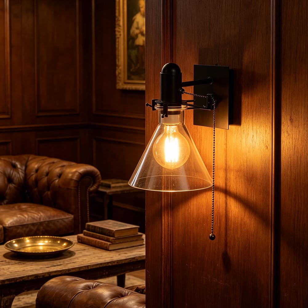 Retro Wandlampe mit Zugschalter Glas Schirm Innen Wandleuchte Schalter Schwarz Metall Vintage Industrie Wand Leselampe E27 Fassung Rustikal für Wohnzimmer Korridor Schlafzimmer